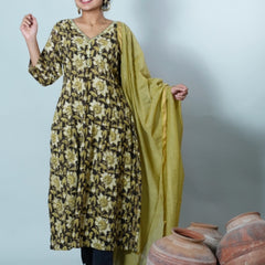 Hamsini Jahota Hand Block Printed Chikankari Embroidered Kurta with Dupatta