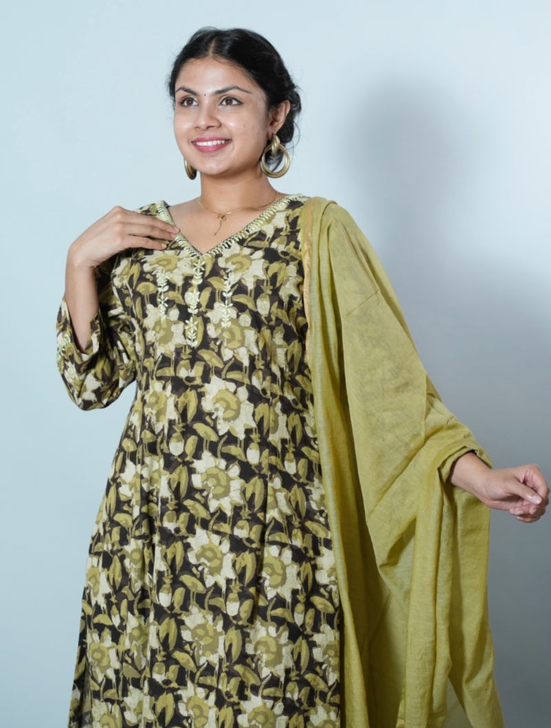 Hamsini Jahota Hand Block Printed Chikankari Embroidered Kurta with Dupatta