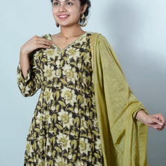 Hamsini Jahota Hand Block Printed Chikankari Embroidered Kurta with Dupatta