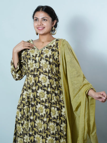 Hamsini Jahota Hand Block Printed Chikankari Embroidered Kurta with Dupatta