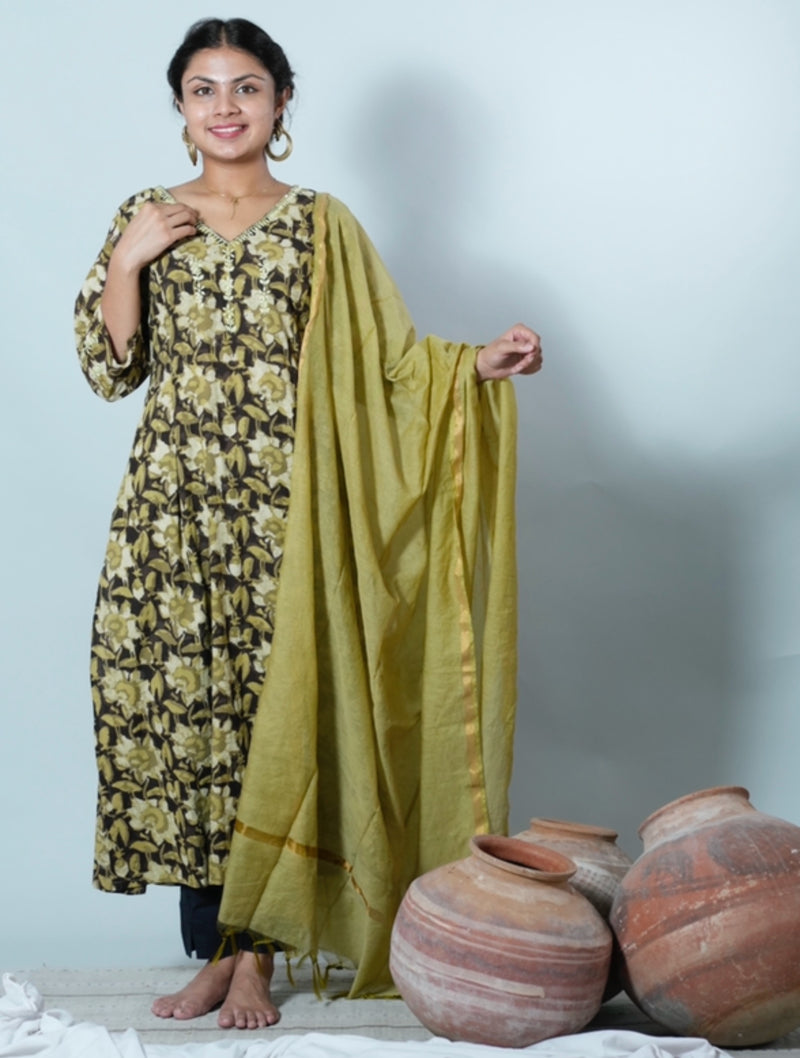 Hamsini Jahota Hand Block Printed Chikankari Embroidered Kurta with Dupatta