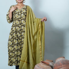 Hamsini Jahota Hand Block Printed Chikankari Embroidered Kurta with Dupatta