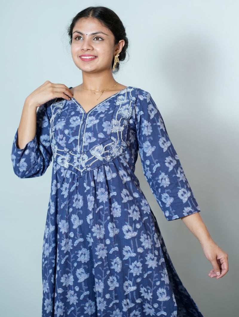 Hand Block Printed Naira Cut Kurta With Embroidery Details