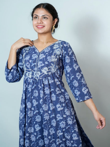 Hand Block Printed Naira Cut Kurta With Embroidery Details