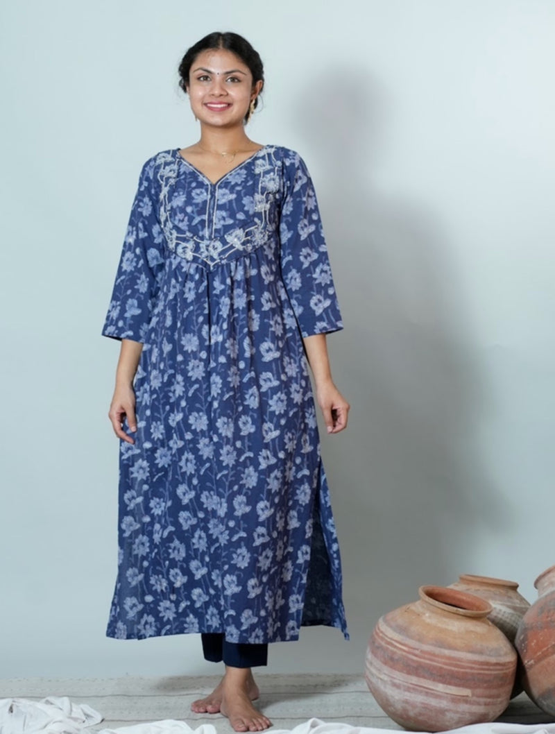 Hand Block Printed Naira Cut Kurta With Embroidery Details