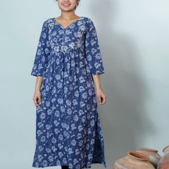 Hand Block Printed Naira Cut Kurta With Embroidery Details