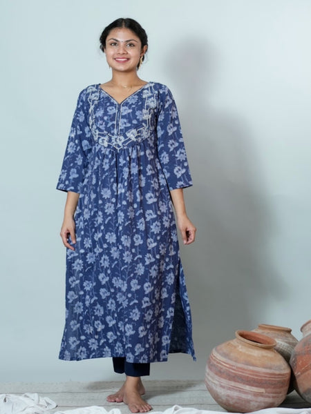 Hand Block Printed Naira Cut Kurta With Embroidery Details