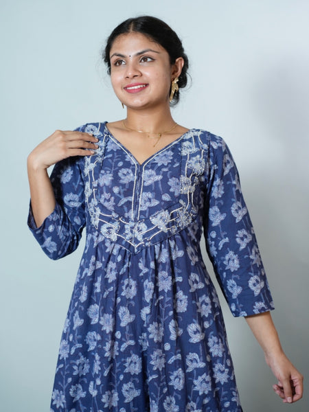 Hand Block Printed Naira Cut Kurta With Embroidery Details