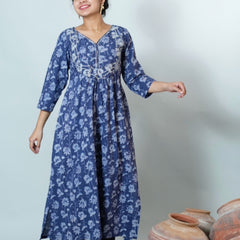 Hand Block Printed Naira Cut Kurta With Embroidery Details