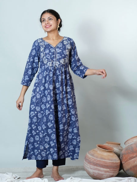 Hand Block Printed Naira Cut Kurta With Embroidery Details