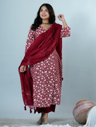 Kasha Hand Block Printed Lurex Cotton Princess Cut Kurta Dupatta Set