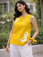 Hand-painted Sunglower Medow Flax Cotton Sleeveless Top