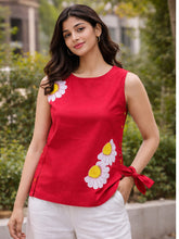 Handpainted Sona Phool Red Cotton Flax Top