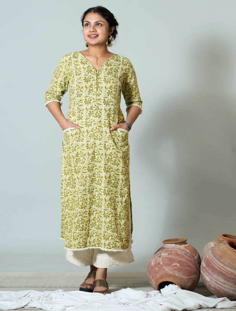 Hand Block Printed Cotton Kurta With Ladder Lace Details