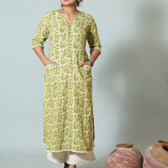 Hand Block Printed Cotton Kurta With Ladder Lace Details