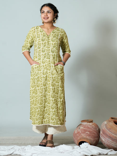 Hand Block Printed Cotton Kurta With Ladder Lace Details