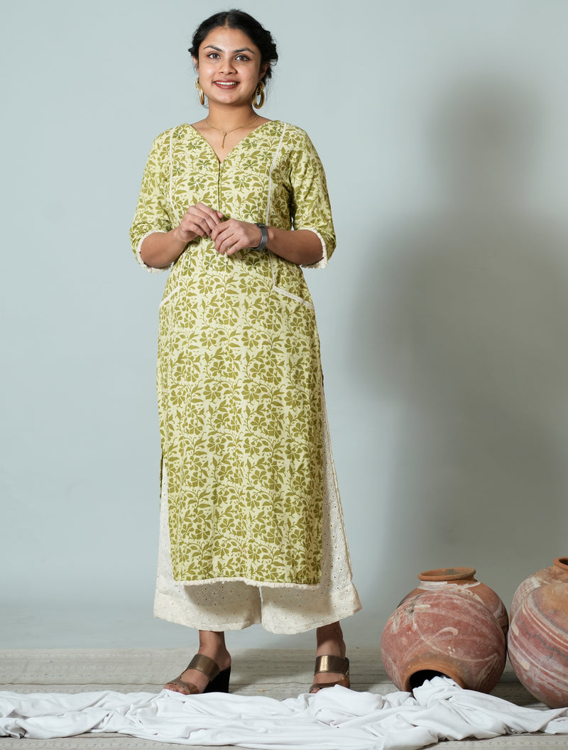 Hand Block Printed Cotton Kurta With Ladder Lace Details