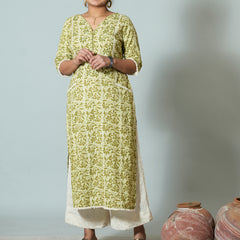 Hand Block Printed Cotton Kurta With Ladder Lace Details