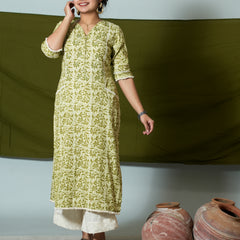 Hand Block Printed Cotton Kurta With Ladder Lace Details