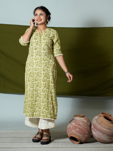 Hand Block Printed Cotton Kurta With Ladder Lace Details