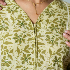 Hand Block Printed Cotton Kurta With Ladder Lace Details