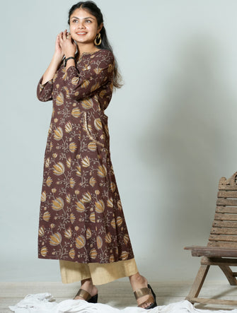 Hand Block Printed Side Kali Kurta Embellished With Hand Embroidery and sequin detail.