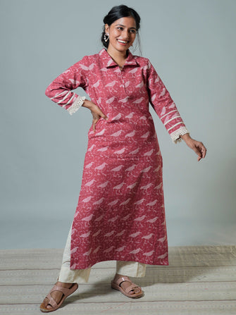 Zip Collared Khadi Cotton Block Printed Straight Fit Kurta With Lace details on Sleeves - Niyatee