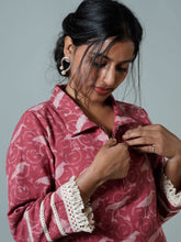 Zip Collared Khadi Cotton Block Printed Straight Fit Kurta With Lace details on Sleeves - Niyatee