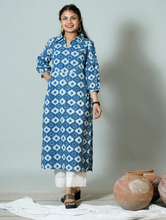 Hand Block Printed Straight Fit Kurta with Hand Embroidery