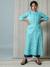 Firozi Blue Block Printed Straight Fit Kurti With Embroidery Details on Tabeej - Niyatee