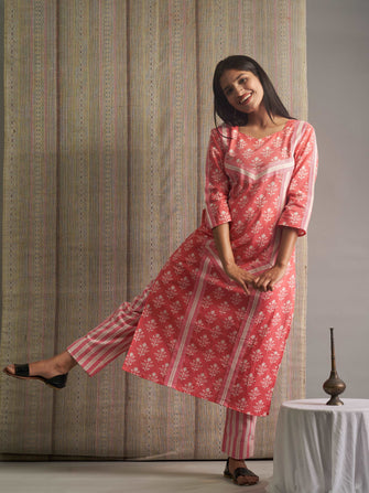 Old Rose Cotton Kurta Pant Set - Niyatee