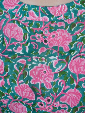 Hand Block Printed Kurta With Mirror Embroidery Details on Choli - Niyatee