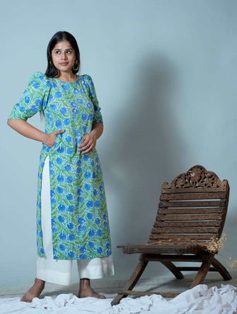 Sanganeri Hand Block Printed straight fit kurta with puffed sleeves and hand embroidery details - Niyatee