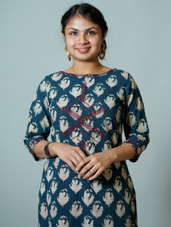 Hand Block Printed Straight Fit Kurta With Hand Embroidery Details