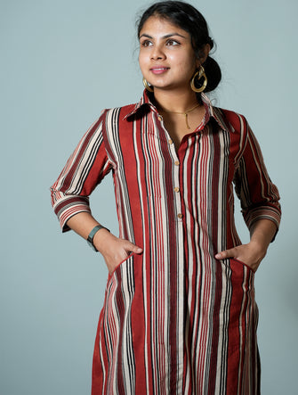Hand Block Striped Printed A-Fit Kurta With Stylish Collar and Pockets